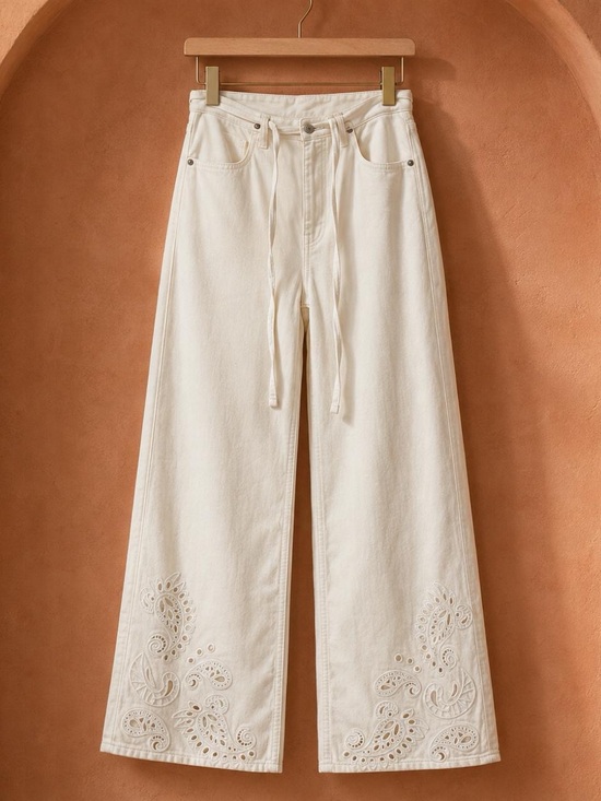 rag & bone Denim - rag & bone White Wide Leg Embroidered Cream Jeans